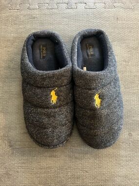 Polo Ralph Lauren Gray Quilted Slippers with Yellow Pony. Mens size 12.